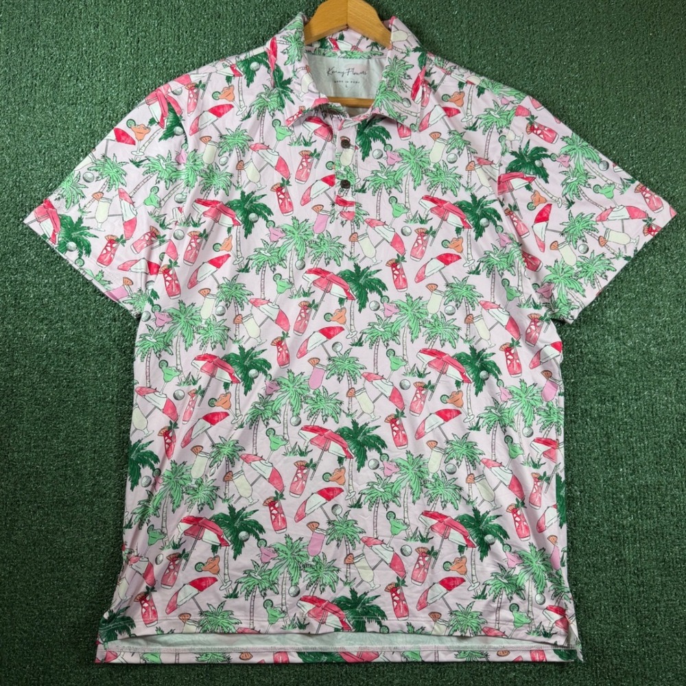 Kenny Flowers Polo Shirt Mens L Pink Good Tropical Cocktail Golf Print Stretch
